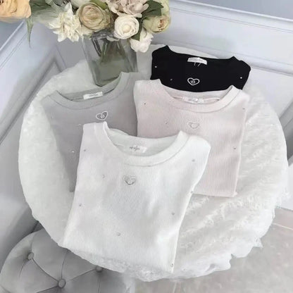 Japanese Style Sweet Lady Crew Neck Tees Bubble Short Sleeve T-shirts Versatile Slim Fit Women's Tops Spring and Summer