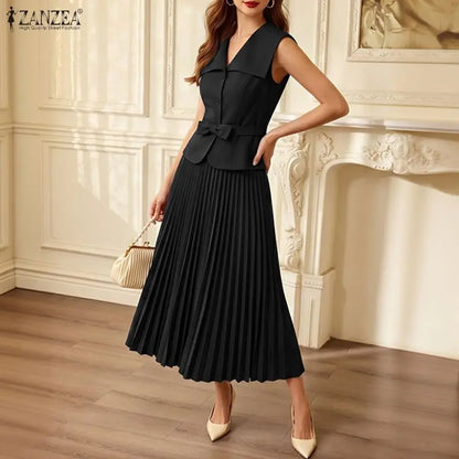 ZANZEA Summer Office Outfits Fashion Women Dress Sets Elegant Lapel Neck Sleeveless Vests Tops A Line Pleated Skirt Suit OL Work
