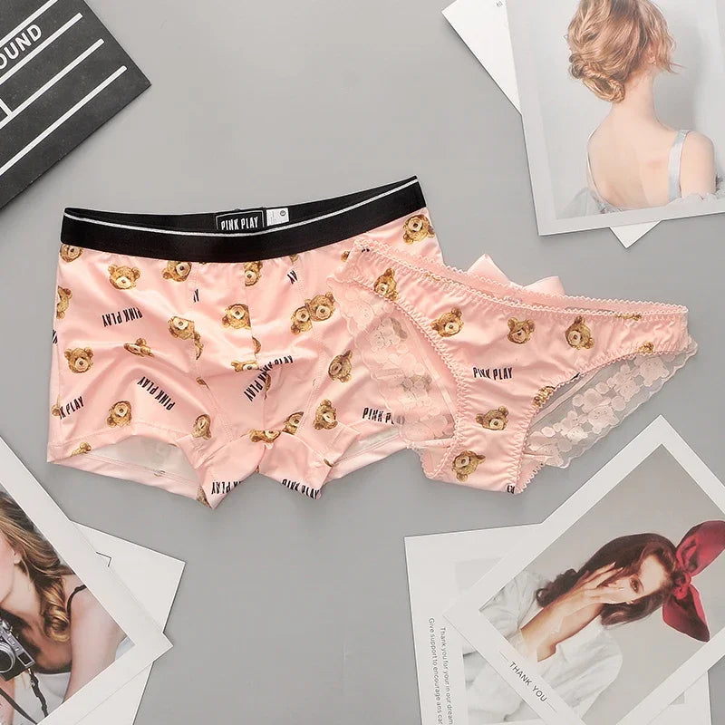 Couple Panties Set Sexy Lace Ice Silk Fabrics Underwear Men's Boxers Cartoon Bear Print Panties set Women's Briefs 1 PCS