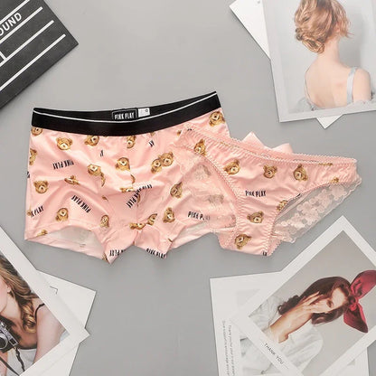 Couple Panties Set Sexy Lace Ice Silk Fabrics Underwear Men's Boxers Cartoon Bear Print Panties set Women's Briefs 1 PCS