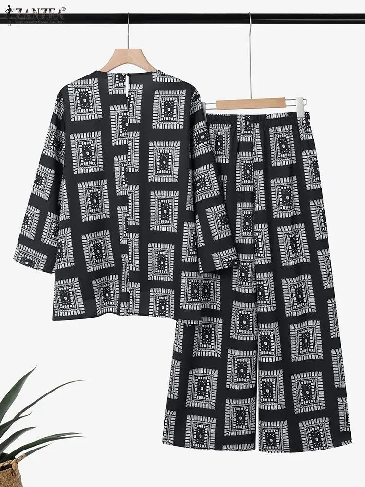 ZANZEA 2025 Autumn Printed Tracksuit Vintage Women Matching Sets Casual O Neck Long Sleeve Tops Wide Leg Pant Sets Loose Outfits