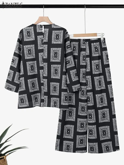ZANZEA 2025 Autumn Printed Tracksuit Vintage Women Matching Sets Casual O Neck Long Sleeve Tops Wide Leg Pant Sets Loose Outfits