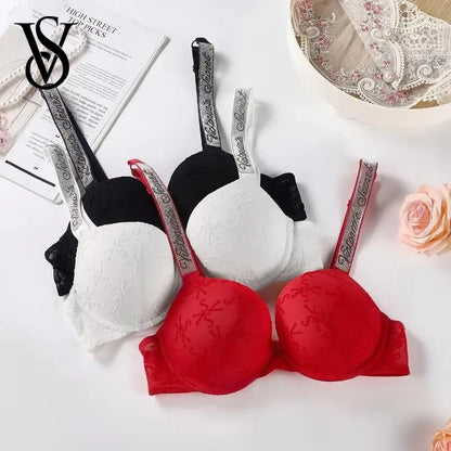 Victoria Secret Sexy Lingerie Set Very Sexy Logo Shine Strap Embossed Lace Push Up Bra Shine Script Thong Panty