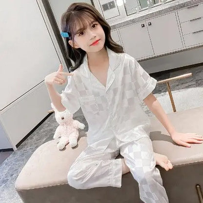 Girls Summer Ice Silk Pajamas Set Short Sleeve Princess Style Cooling Homewear for Kids