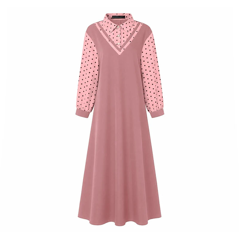 Ramadan Robe ZANZEA Polka Dots Printed Muslim Dress Abaya 2026 Women Casual Lapel Neck Long Sleeve Patchwork Baggy Maxi Sundress