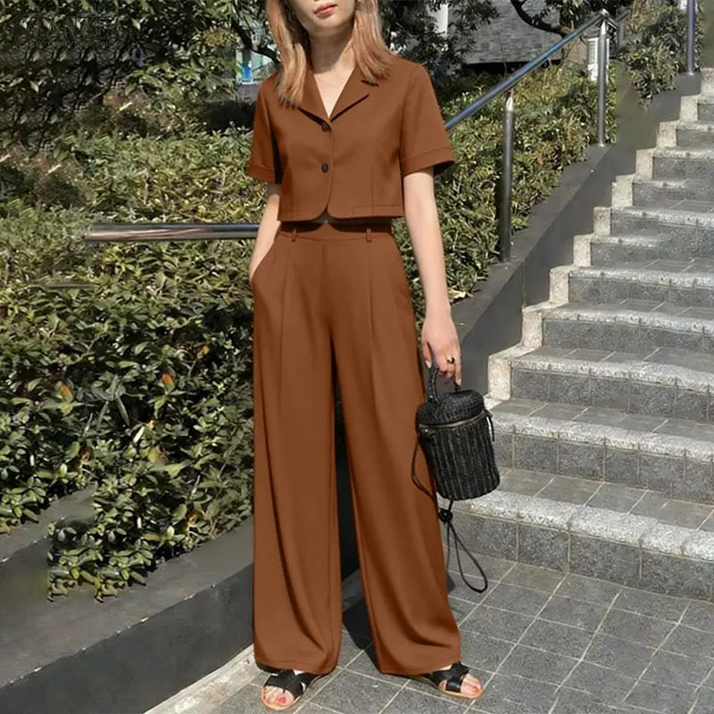 ZANZEA Women's Summer 2 Piece Pant Sets Wide Leg Pant & Lapel Collar Short Sleeve Crop Top 2pc Suits Casual Commute Work Outfits