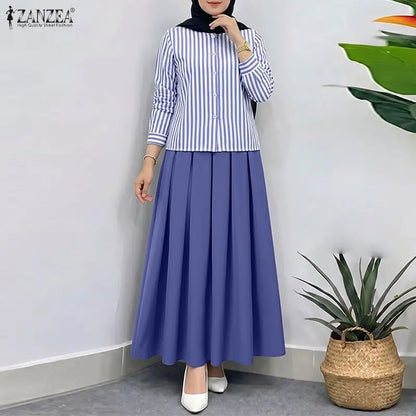 ZANZEA Women Muslim Matching Sets Modest Outfits Summer Long Sleeve Buttons -Up Striped Blouse Elastic Waist Pleated Skirt Suit
