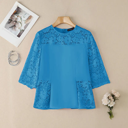 ZANZEA Women's Lace Patchwork Blouses 2026 Summer O-Neck 3/4 Sleeve Solid Color Blusas Casual and Day Elegant Woman Clothes 3XL