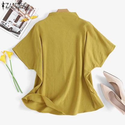 ZANZEA Causal Pure Cotton Blouse Summer Women Solid  Turtleneck Short Sleeve Back Zipper Blusas Elegant Holiday Tops Oversized