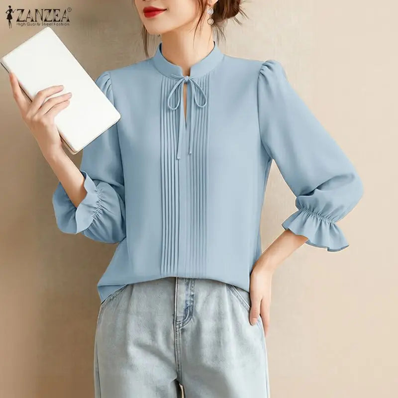 ZANZEA Women's Elegant 3/4 Puff Sleeve Blouses Summer Lace-Up Stand Collar Pintuck Tops Daily Casual Solid Color Blusas de Mujer
