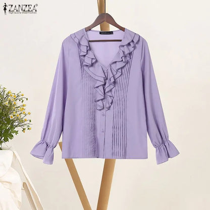 ZANZEA Elegant Ruffles Trim Women's Shirts Classy V-Neck Flared Sleeves Pintuck Detailed Button Up Purple Blouses Woman Clothes