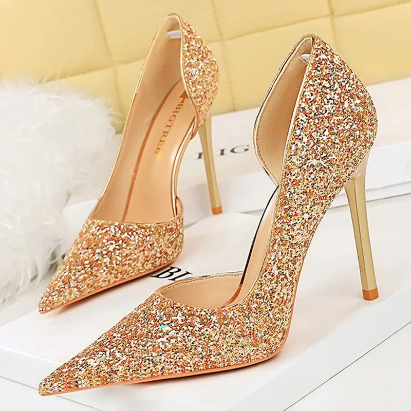 Women 7cm 10.5cm Super High Heels Blue Gold Pumps Sexy Sequins Bling Low Heels Lady Scarpins Luxury Stiletto Sparkly Party Shoes
