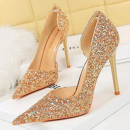 Women 7cm 10.5cm Super High Heels Blue Gold Pumps Sexy Sequins Bling Low Heels Lady Scarpins Luxury Stiletto Sparkly Party Shoes