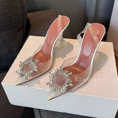 Summer Crystal Flower High Heels Women Transparent PVC Cup Heels Sandals Pointed Toe Back Strap Sandalias Sexy Party Dress Shoes