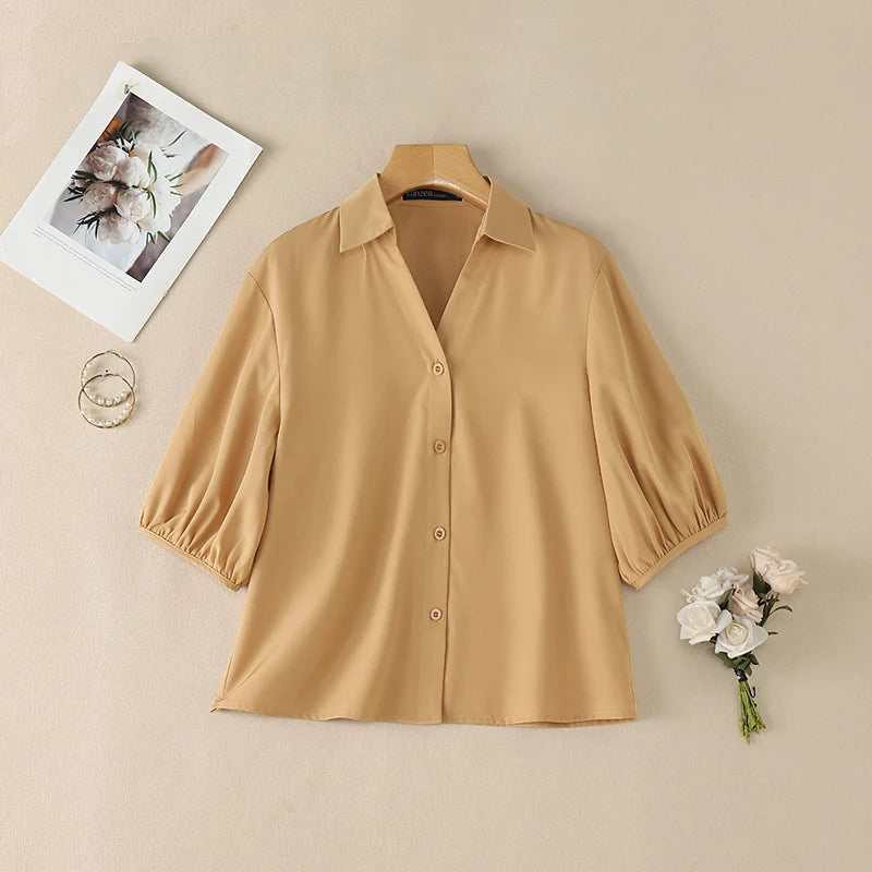 ZANZEA 2026 Woman Half Lantern Sleeves Blouses Casual Turn-Down Collar Button Up Shirts Spring Summer Solid Color Commute Tops