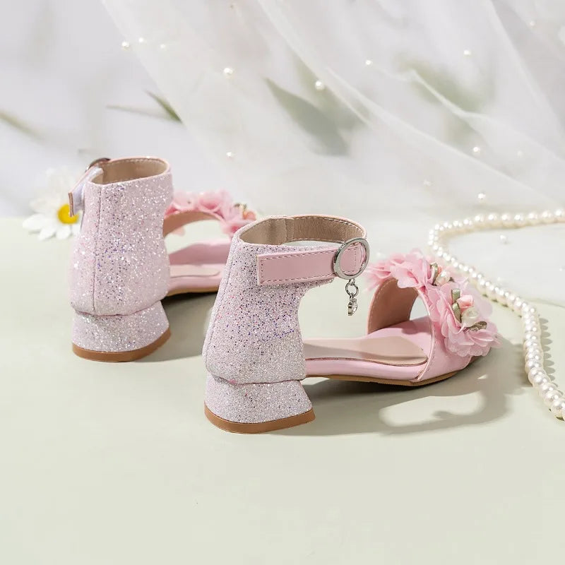 2026 Summer Kids Elegant Sandals New Sequins Girls Catwalk Shoes for Wedding Party Fashion Flower Children's Princess High Heels