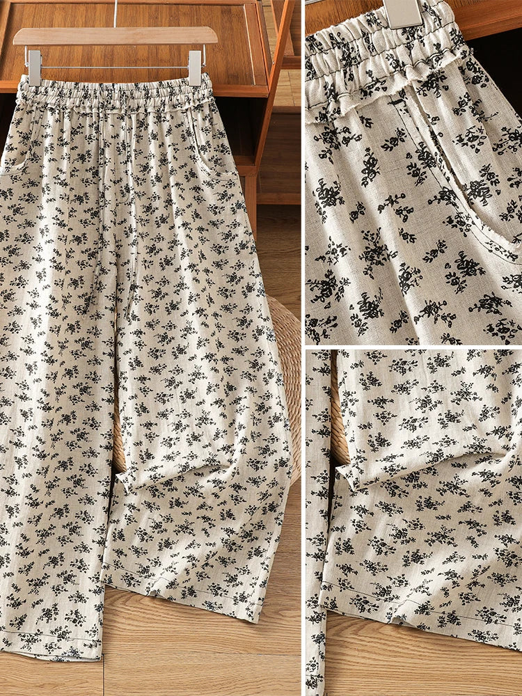 Summer Cotton Linen Wide Leg Pants High Waist Slim Straight Casual Loose Versatile Floral Print Nine Point Pants for plus Siz...