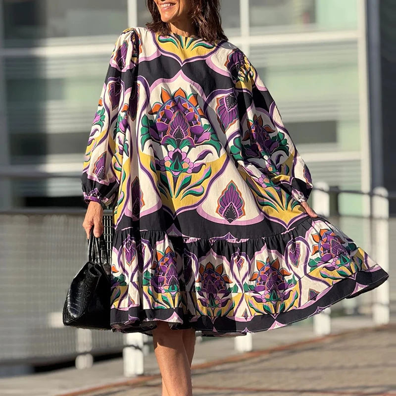 New Autumn Long Sleeve Casual Party Dress Vintage Pattern Print Loose Fit Oversized Dress Women Spring O Neck Pleated Long Dress