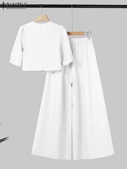 2025 ZANZA Fashion Summer Trousers Suit 2PCS Women Matching Sets Elegant Short Sleeve Blouse Wide Leg Pant Sets OL Work Outfits