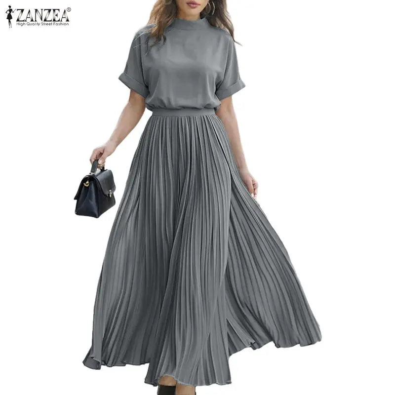 ZANZEA Women's Skirt Suits Mock Neck Short Sleeve Blouse & A-Line Pleated Maxi Skirt 2 Piece Sets Streetwear Skirt Sets Outfits