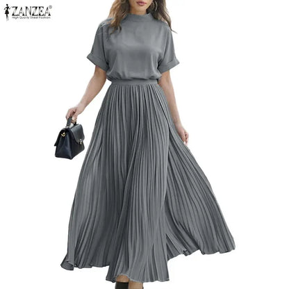 ZANZEA Women's Skirt Suits Mock Neck Short Sleeve Blouse & A-Line Pleated Maxi Skirt 2 Piece Sets Streetwear Skirt Sets Outfits