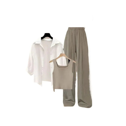 2026 Summer New Fashion Tracksuit Matching Set Women's Elegant White Sunscreen Shirt+Vest+Casual Wide Leg Pants 3-Piece Suit