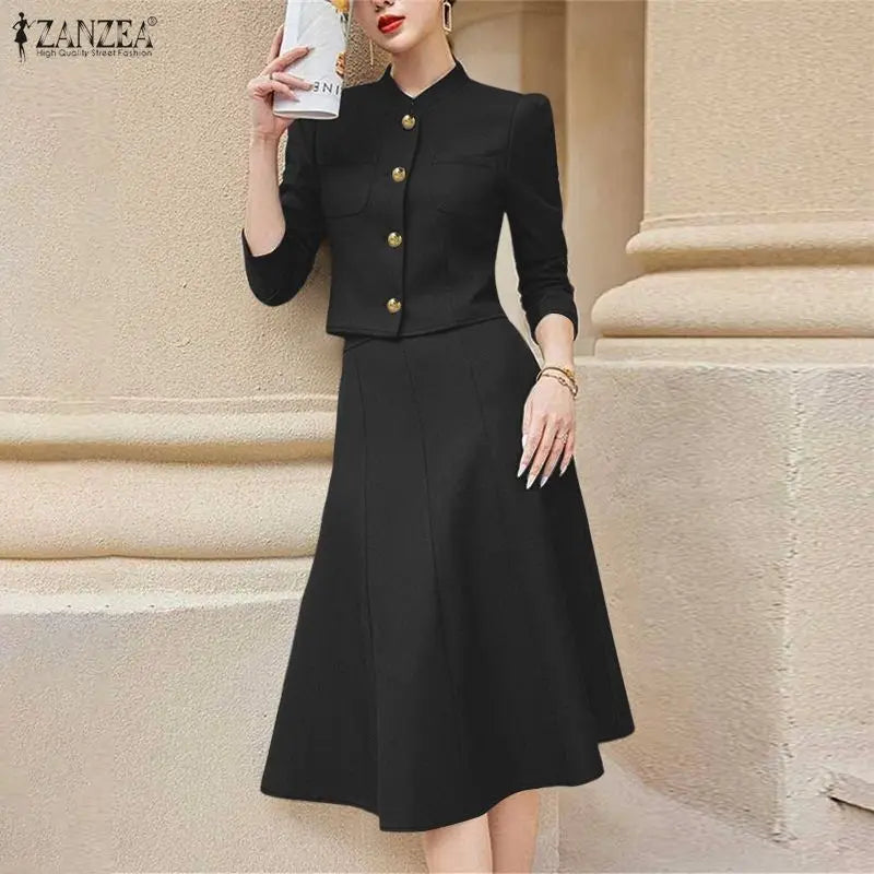 2026 ZANZEA Spring 2 Piece Sets Elegant Office Dress Sets Women Stylish Solid Work Outfit Stand Neck 3/4 Sleeve Shirt Skirt Suit