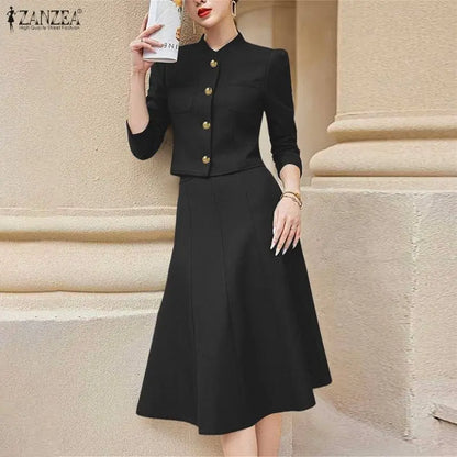 2026 ZANZEA Spring 2 Piece Sets Elegant Office Dress Sets Women Stylish Solid Work Outfit Stand Neck 3/4 Sleeve Shirt Skirt Suit