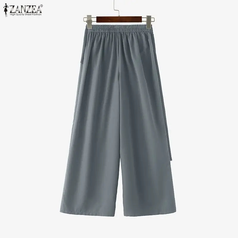 ZANZEA Women Pants Patchwork Summer Autumn Fashion Wide Leg Pants Solid Color Female Loose Bottoms Streetwear 3XL Oversize