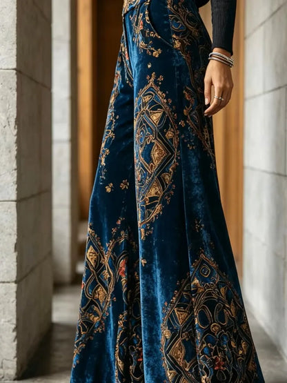 New women's velvet wide-leg pants - high-waisted, thick, soft and elastic, providing good warmth. Blue-green retro oriental geometric print, Bohemian style pocket design. Luxurious pants, suitable for festival parties, office