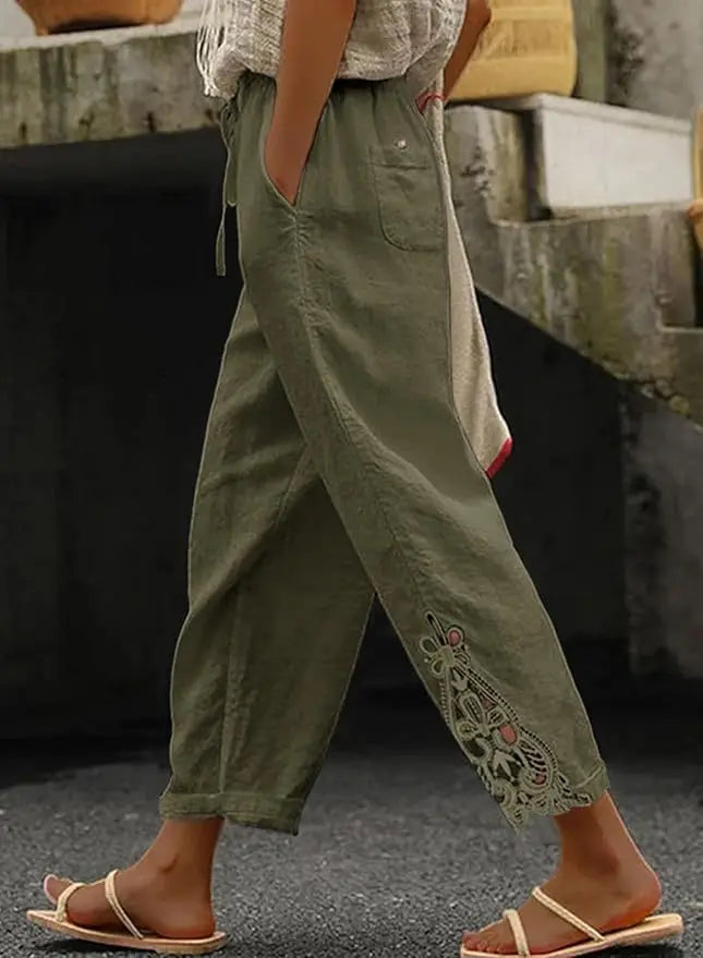 2026 Women's Pants Elastic Waist Solid Color Lace Spliced Drawstring Pocket Simple Fashion Basic Casual 9-point Pants