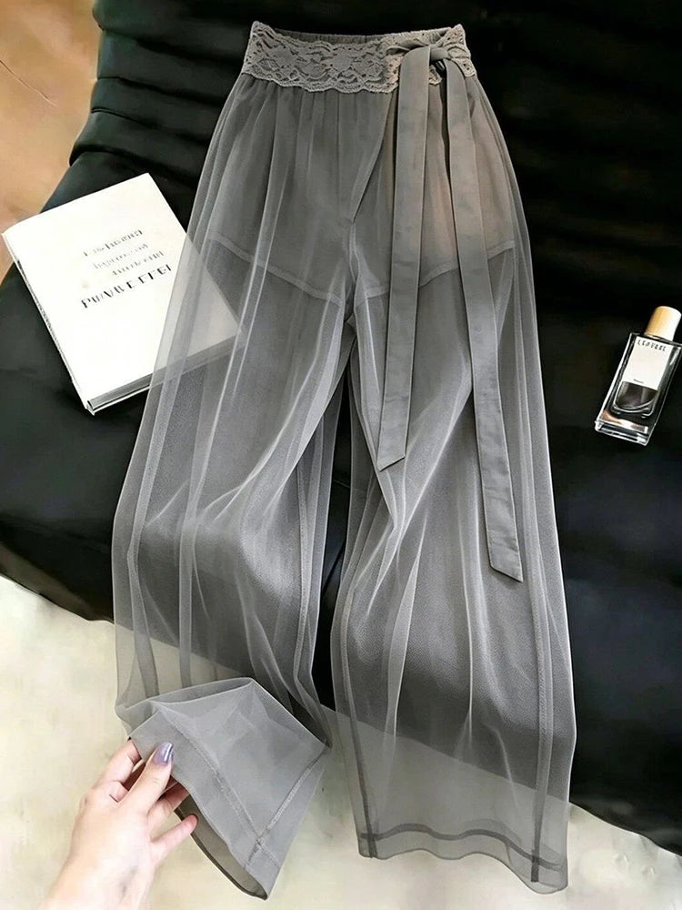 Sexy See Through Mesh Pants Women High Waist Lace Patchwork Bow Sweet Trousers Summer Fashion Female Elegant Loose Wide Leg Pant