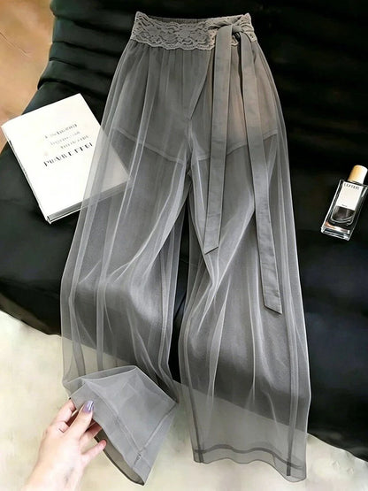 Sexy See Through Mesh Pants Women High Waist Lace Patchwork Bow Sweet Trousers Summer Fashion Female Elegant Loose Wide Leg Pant