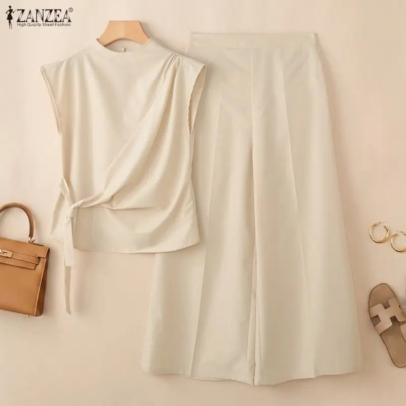 Fashion Women 2 Piece Sets ZANZEA Summer Trousers Suit Short Sleeve Lace-Up Blouse Wide Leg Pant Sets Solid Color OL Work Outfit