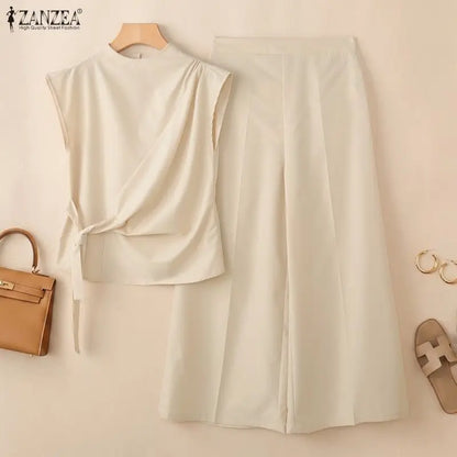 Fashion Women 2 Piece Sets ZANZEA Summer Trousers Suit Short Sleeve Lace-Up Blouse Wide Leg Pant Sets Solid Color OL Work Outfit