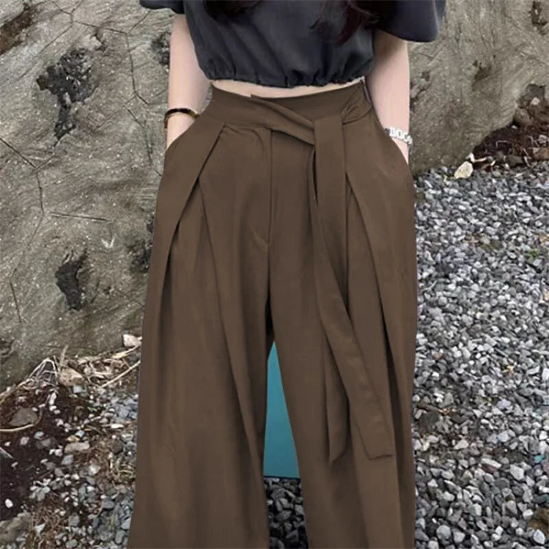 Casual Chic Wide Leg Pants Women Office Pocket Pleated Lace-up High Waist Trousers Fashion 2026 Spring Autumn Streetwear Pants