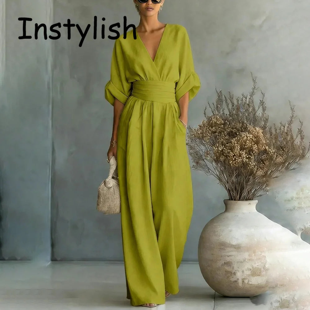 Women Elegant High Waist Jumpsuits Summer Short Sleeve Wide Leg Pants Romper Casual V Neck Solid Loose Jumpsuits Streetwear