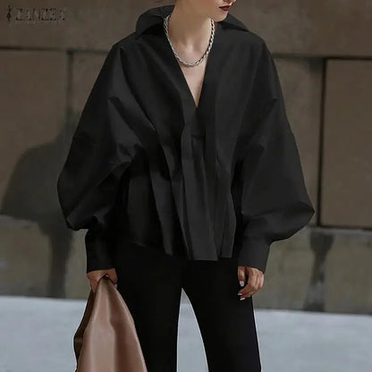 ZANZEA Women's Stylish Chic Oversized Blue Blouses Turn-Down V-Neck Lantern Sleeves High-Low Hem Tops Minimalist Solid Blouse