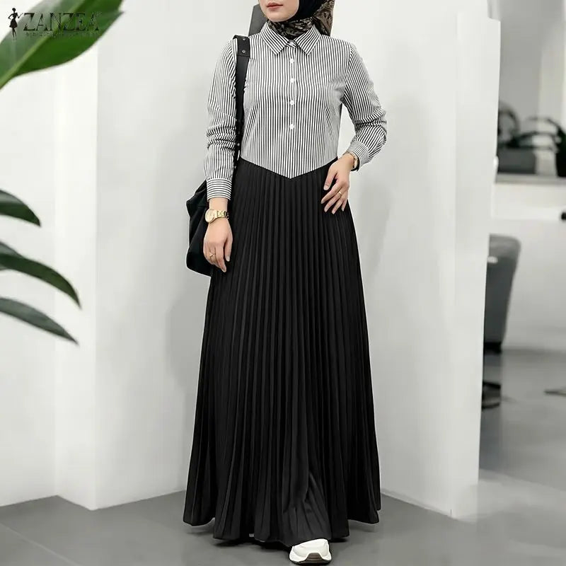 ZANZEA Women Patchwork Muslim Abaya Maxi Long Dress Elegant Casual Long Sleeve Pleated Sundress Loose Kaftan Ramadan Robe Femme
