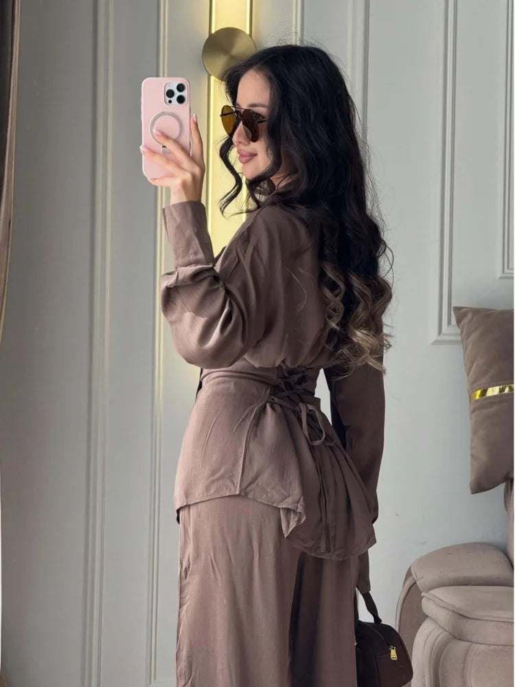 DFDG Women 2026 Spring Summer Two Piece Outfit Collared Neck Tie Waist Shirt High Waist Lantern Pants Casual Loungewear Set