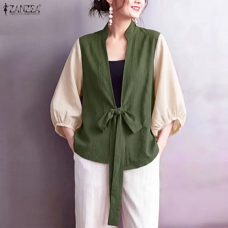 ZANZEA Woman Kimono Tops Stylish Color Blocked Lantern Sleeves Tie-Front Cover-Up 2026 Summer Casual Daily Wear Loose Cardigans