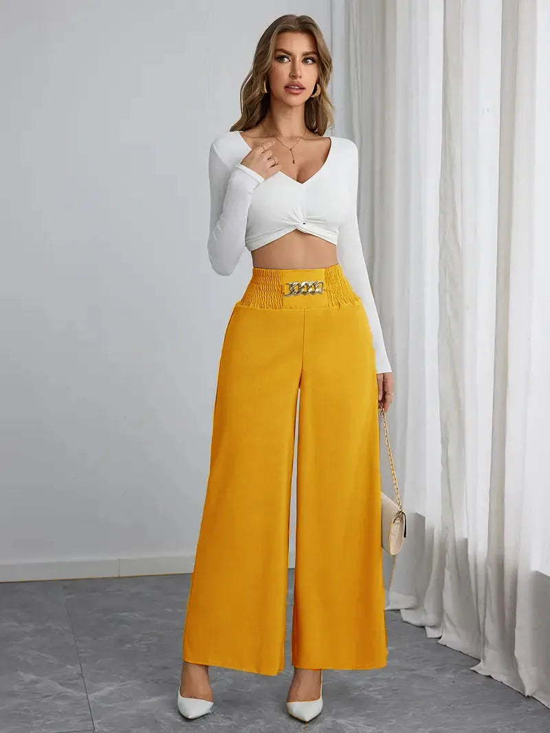 New Women's Trousers Thin High Waist Chain Elastic Waist Khaki Elegant Office Black Casual Wide-leg Pants for Female