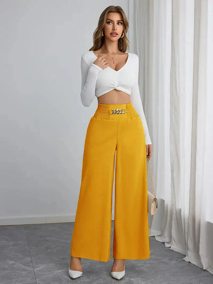 New Women's Trousers Thin High Waist Chain Elastic Waist Khaki Elegant Office Black Casual Wide-leg Pants for Female