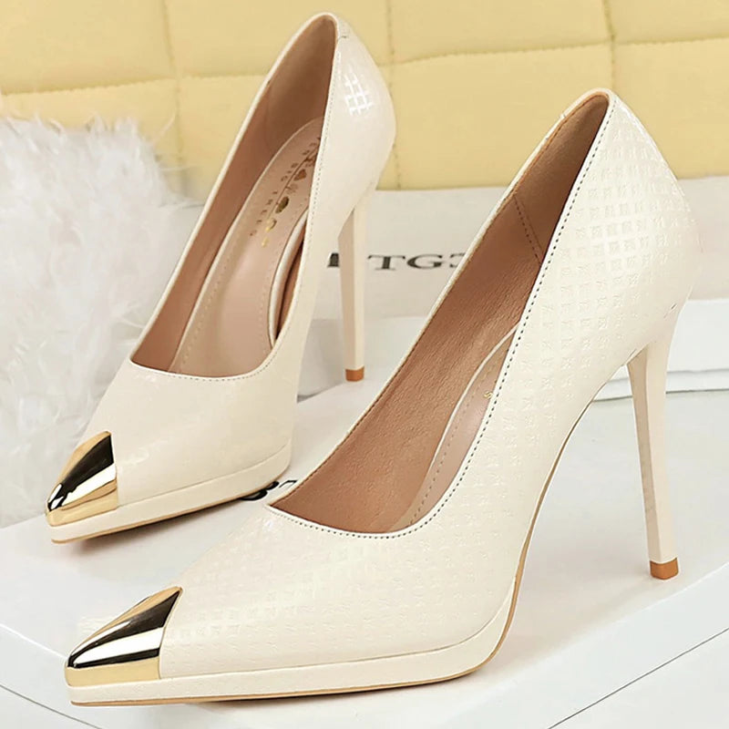 BIGTREE Shoes Embossed Patent Leather Women Pumps Metal Pointed Tip High Heels Sexy Party Shoes Stilettos 11.5 Cm Heels Platform