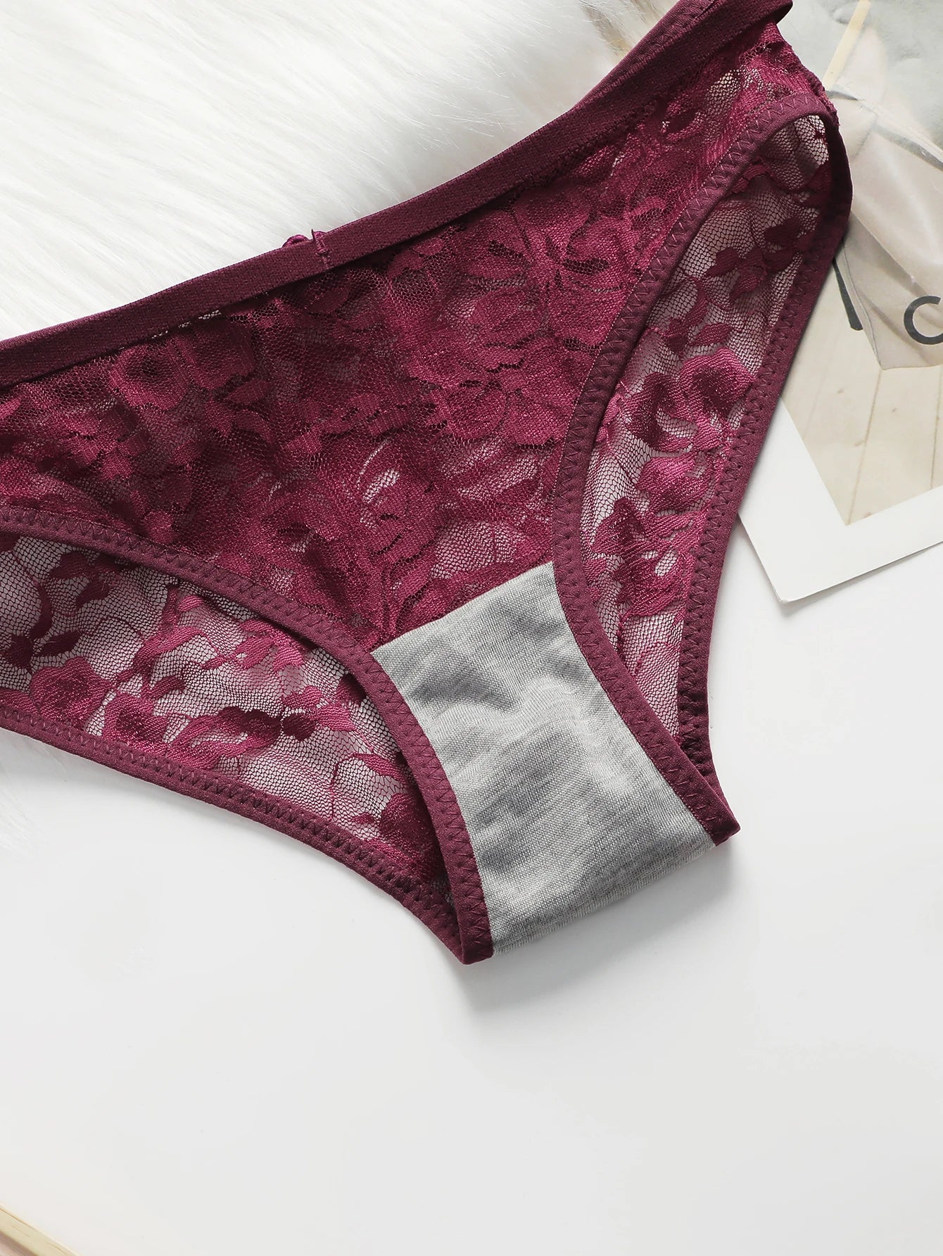 Women Sheer Lace Bra Set Front Hook Closure Wireless V Neck Brassiere Burgundy Floral Lace Underwear Panties Suit Sexy Lingerie