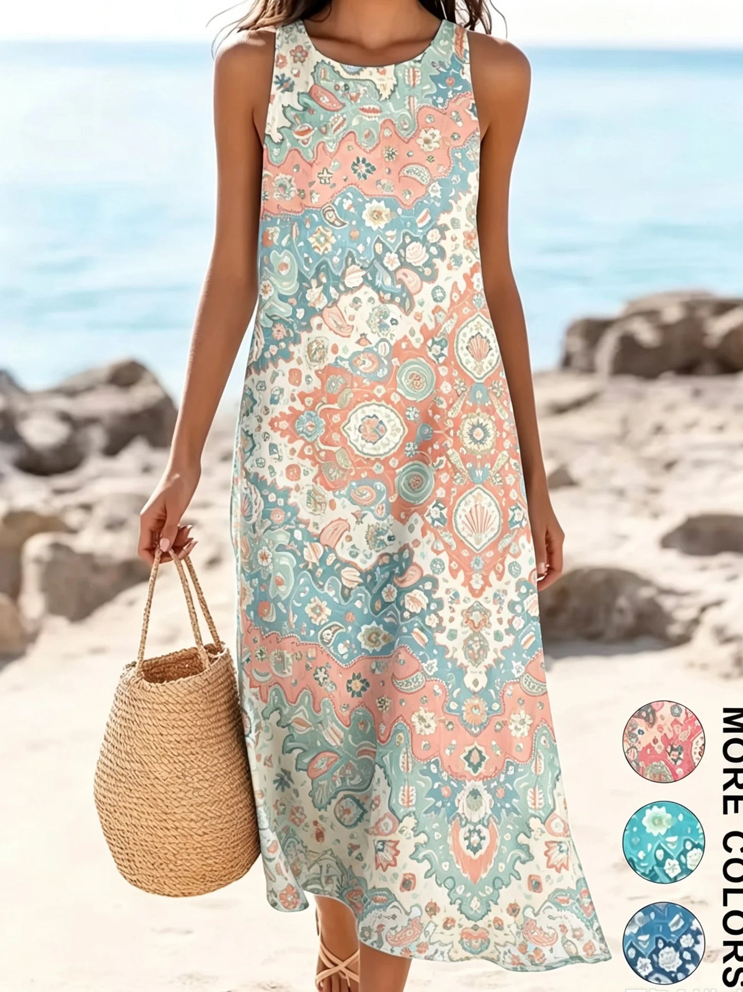 2026 Women's Sleeveless Bohemian Floral Casual Beach MIDI Sundress With Pockets Flowing and Loose Sweetheart Rustic Country