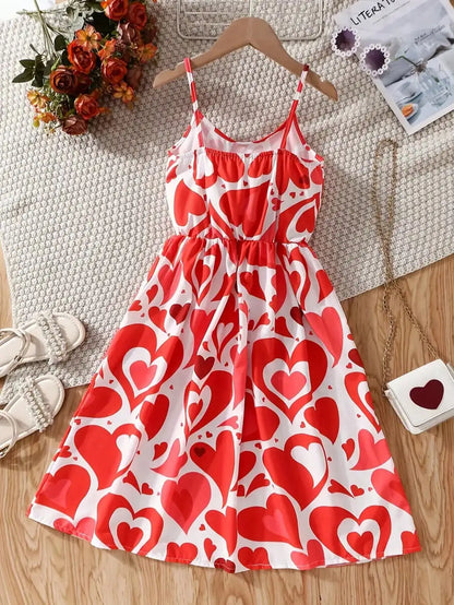 Summer Casual Style Girls' Heart-Shaped Printed Round Neck Sleeveless Camisole Dress, Mid Length Skirt