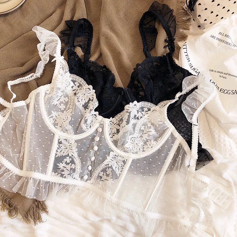 Hot Sale French Sexy Lingerie Set for Women Ultra Thin See Through Bra Panty Set Embroidery Lace Shaping Camisole Underwear Set