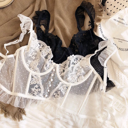 Hot Sale French Sexy Lingerie Set for Women Ultra Thin See Through Bra Panty Set Embroidery Lace Shaping Camisole Underwear Set