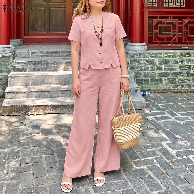 ZANZEA Women's Casual Pant Sets Summer Wide Leg Pant & V-Neck Short Sleeve Shirt 2 Pieces Suits Commute Solid Color Outfits